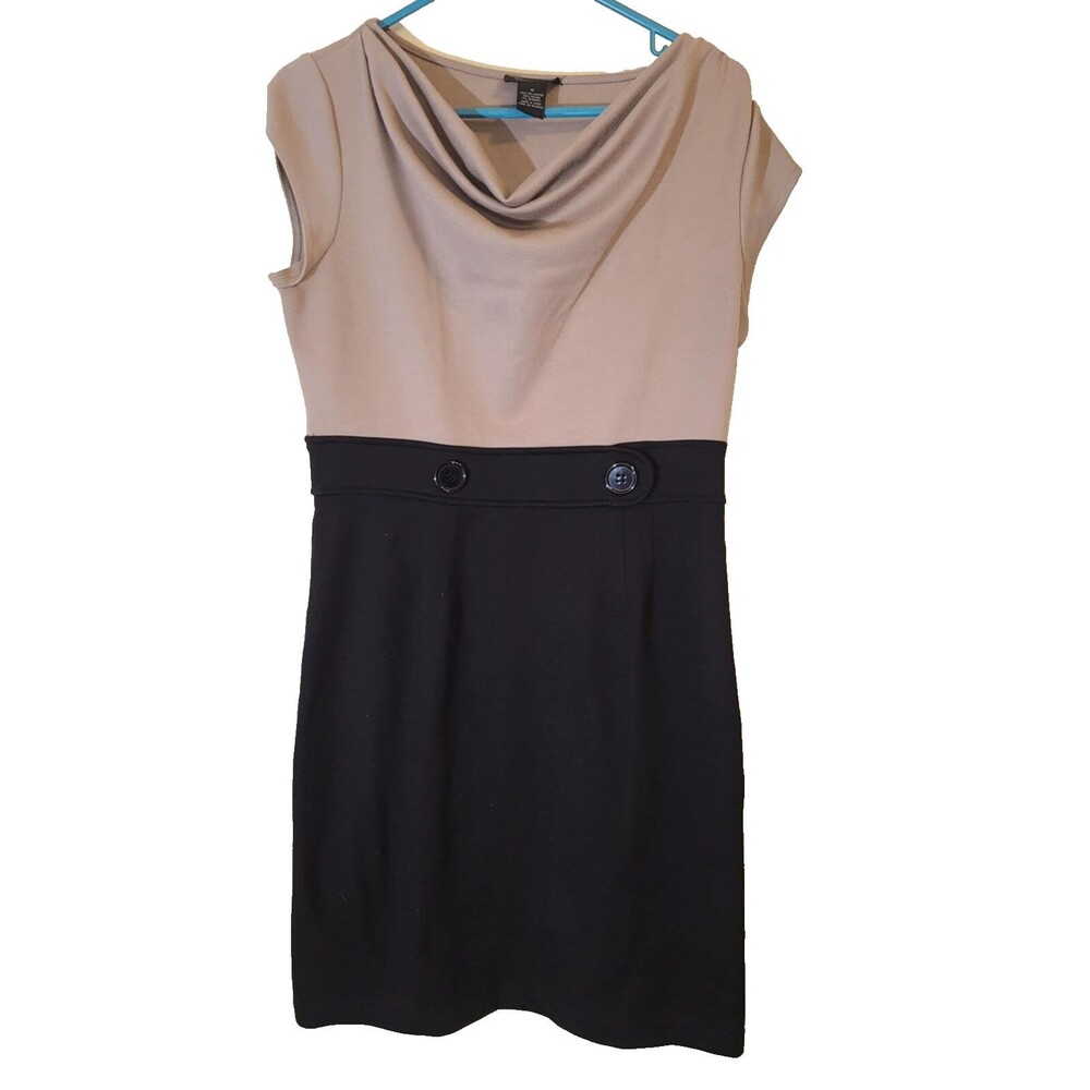 Spense Dress Cowl Scoop Neck Tan & Black Button Accents Side Zip Comfy Office 10